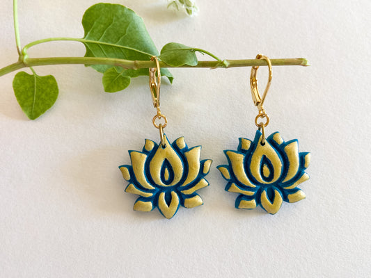 Emerald and gold lotus flower with 14k gold plated closed hook.